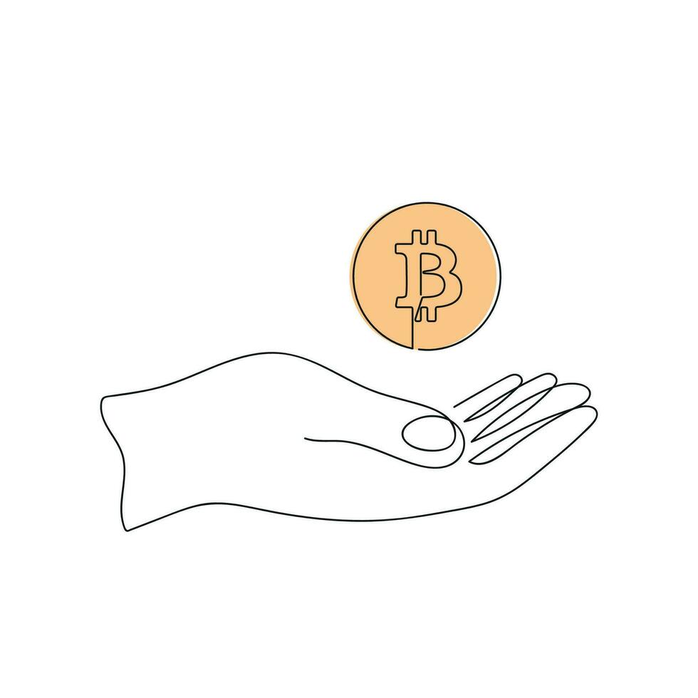 Bitcoin in hand drawn in one continuous line in color. One line drawing, minimalism. Vector illustration.