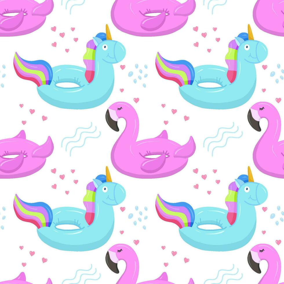 Inflatable swimming circle with a blue unicorn, flamingo. Inflatable rubber toys for water and beach. Seamless vector pattern on summer and marine themes.