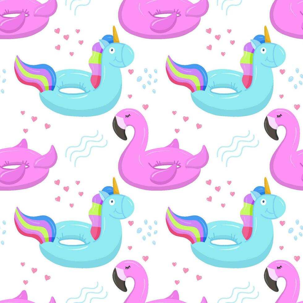 Inflatable swimming circle with a blue unicorn, flamingo. Inflatable rubber toys for water and beach. Seamless vector pattern on summer and marine themes.