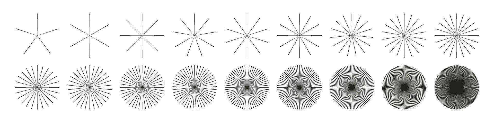 Circular bursts, beams, and rays. Monochrome graphics, optical patterns, and glowing black elements. Vector isolated illustration.