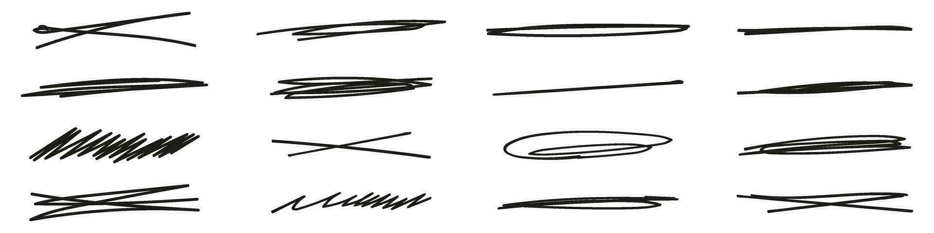 Line strikethrough elements. Underline Pen Doodle Stroke.Collection of hand-drawn strikethrough graphic markers. Vector isolated illustration