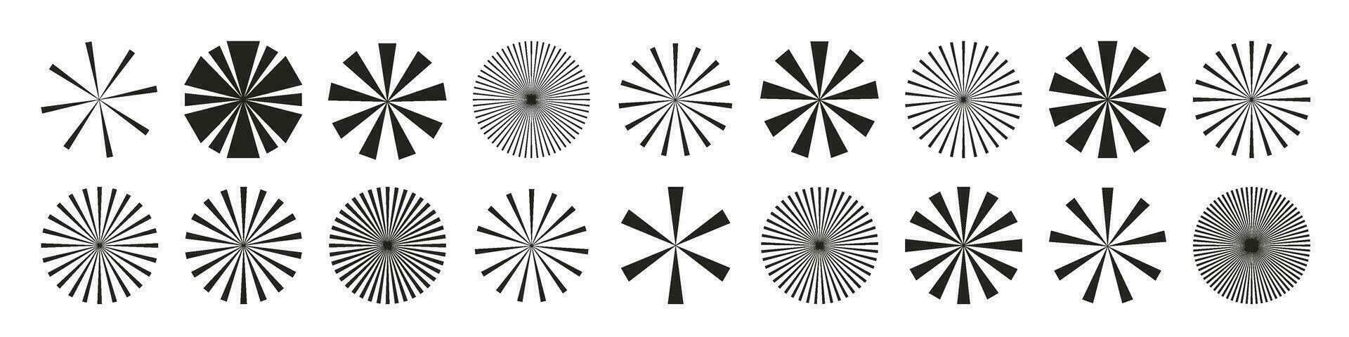 Circular bursts, beams, and rays. Monochrome graphics, optical patterns, and glowing black elements. Vector isolated illustration.