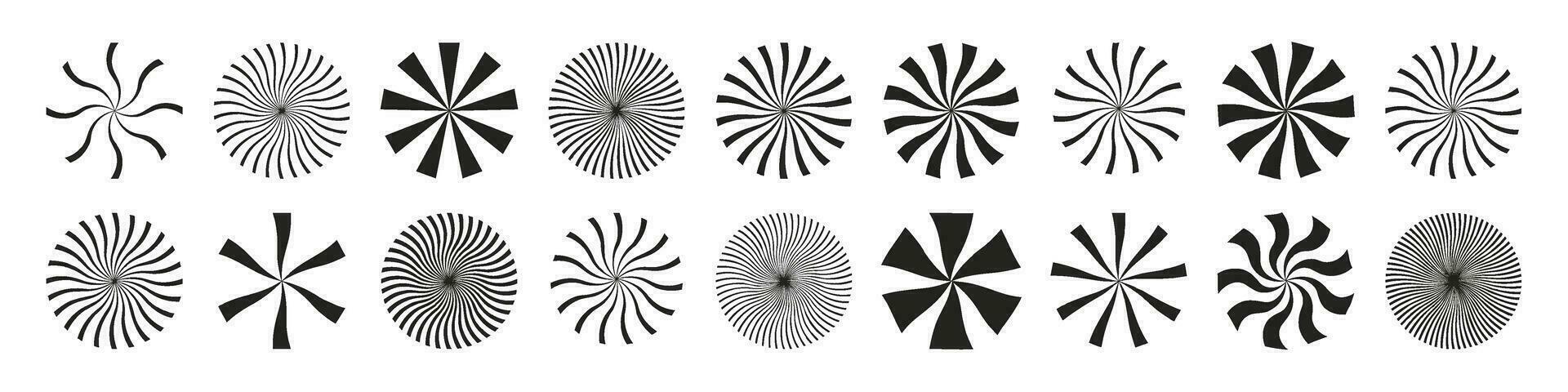 Circular bursts, beams, and rays. Monochrome graphics, optical patterns, and glowing black elements. Vector isolated illustration.