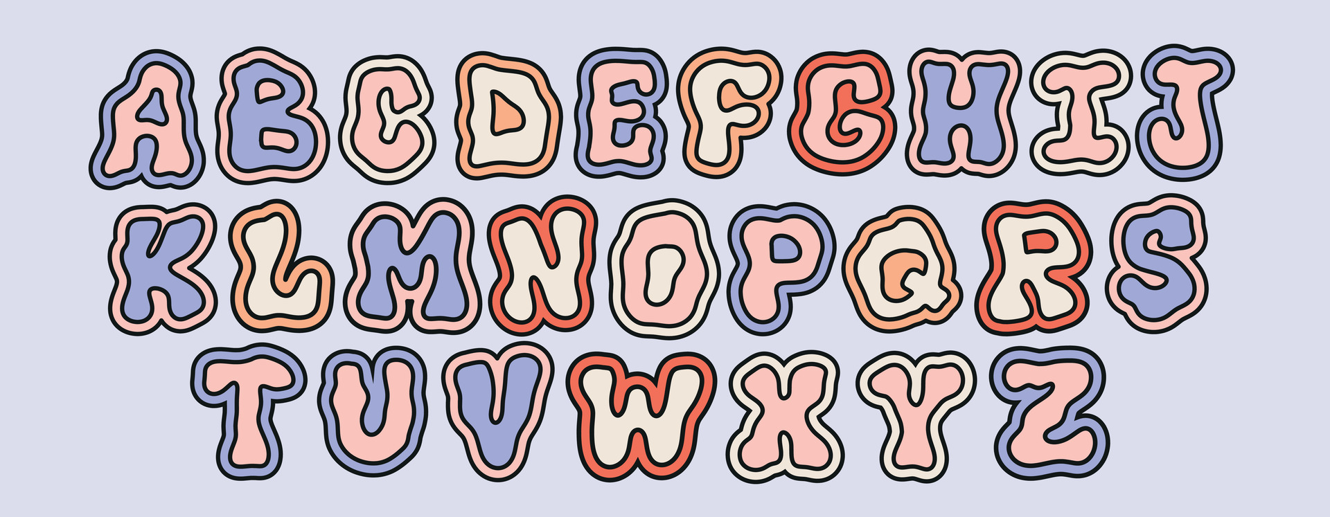 Colorful kawaii Alphabet Letters set. Liquid Cute bubble font for ...