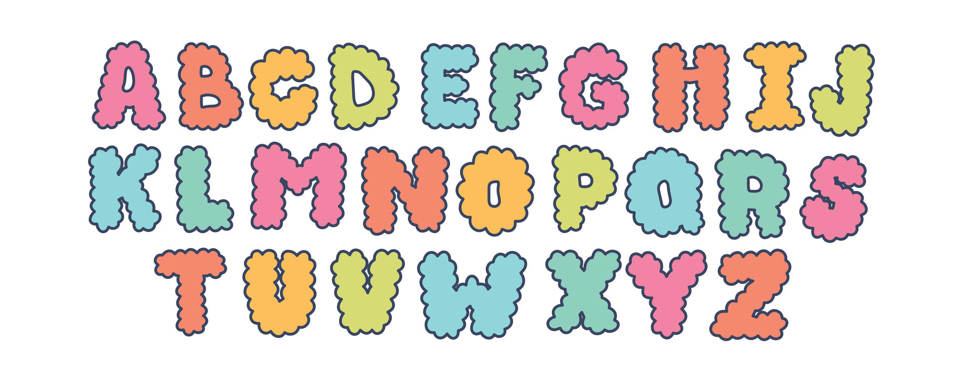 Colorful Doodle alphabet letters set. Cartoon Cute bubble font for