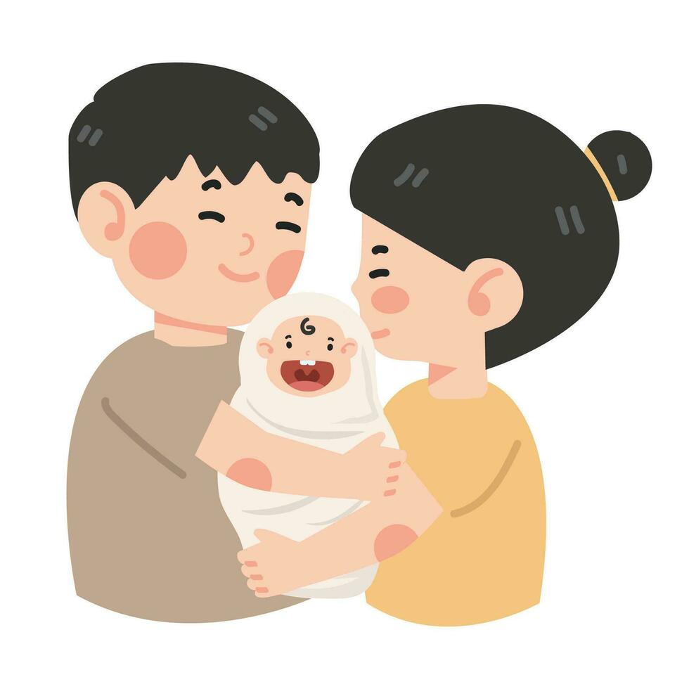 Happy young parents hugging a newborn baby vector