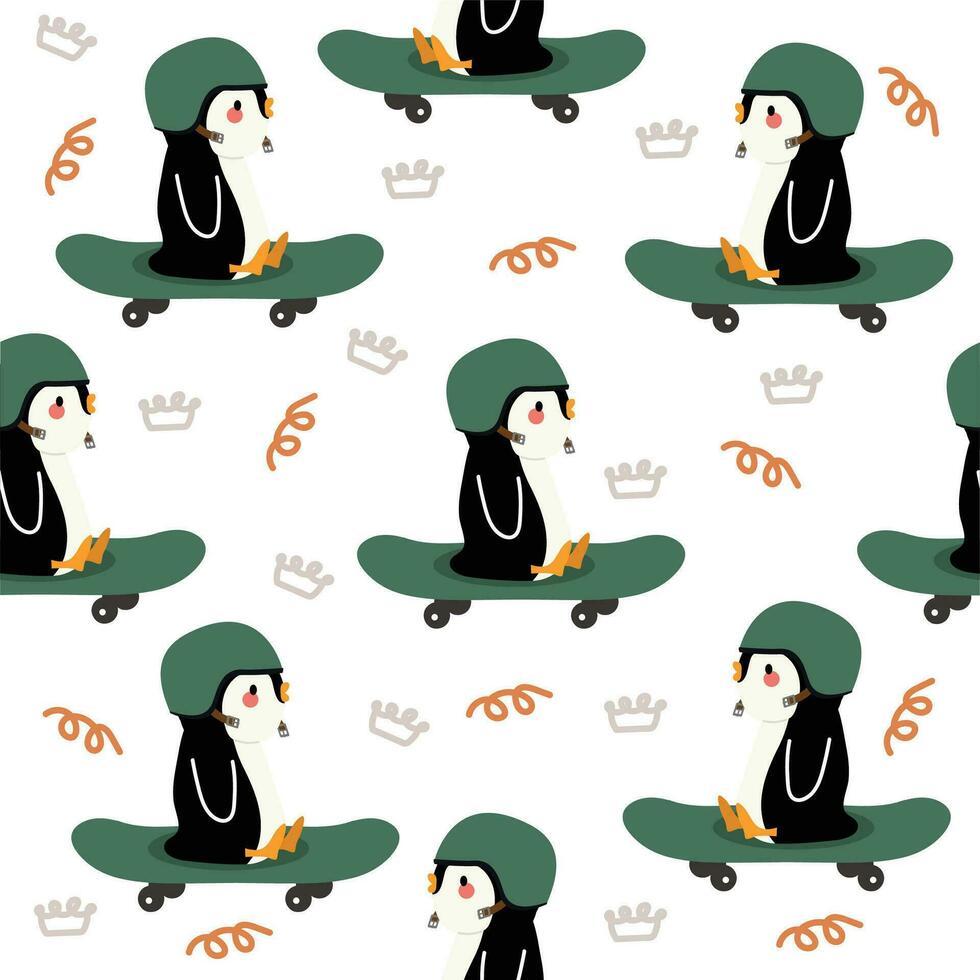 penguin playing skateboard seamless pattern vector
