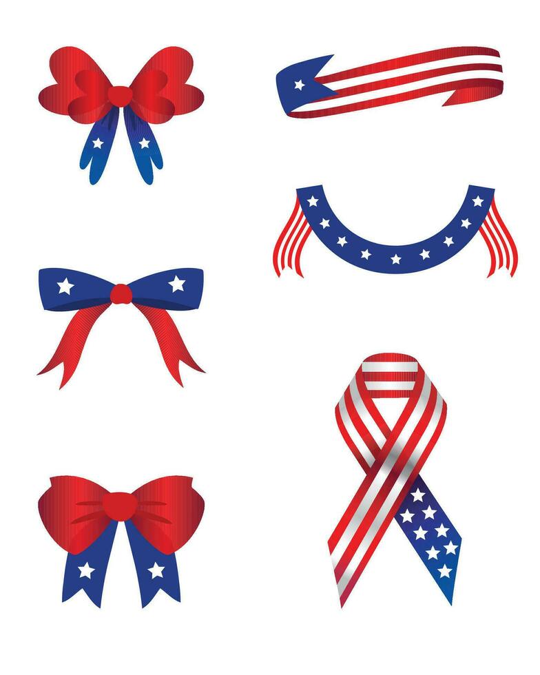 Set of isolated bows with United States flag colors. American flag ribbon. American bows. vector