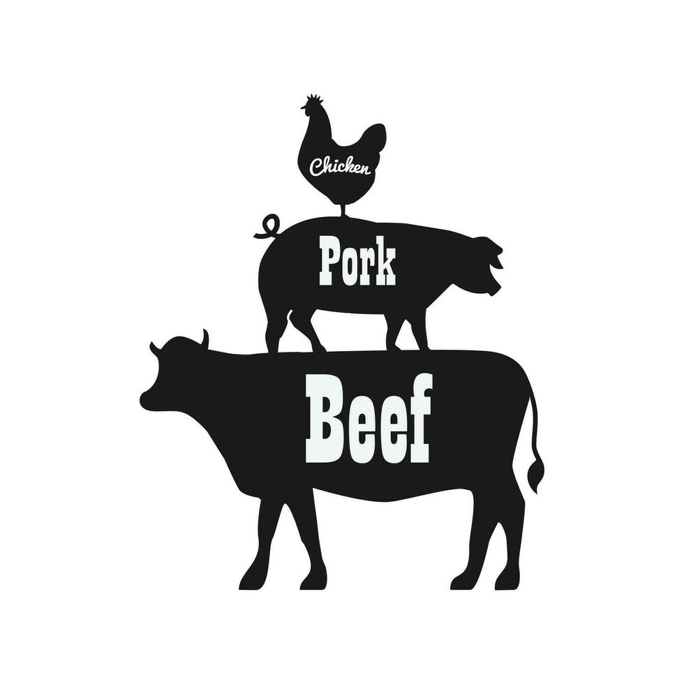 Chicken Pork Cow Farm Animals illustration for BBQ design, BBQ element vector