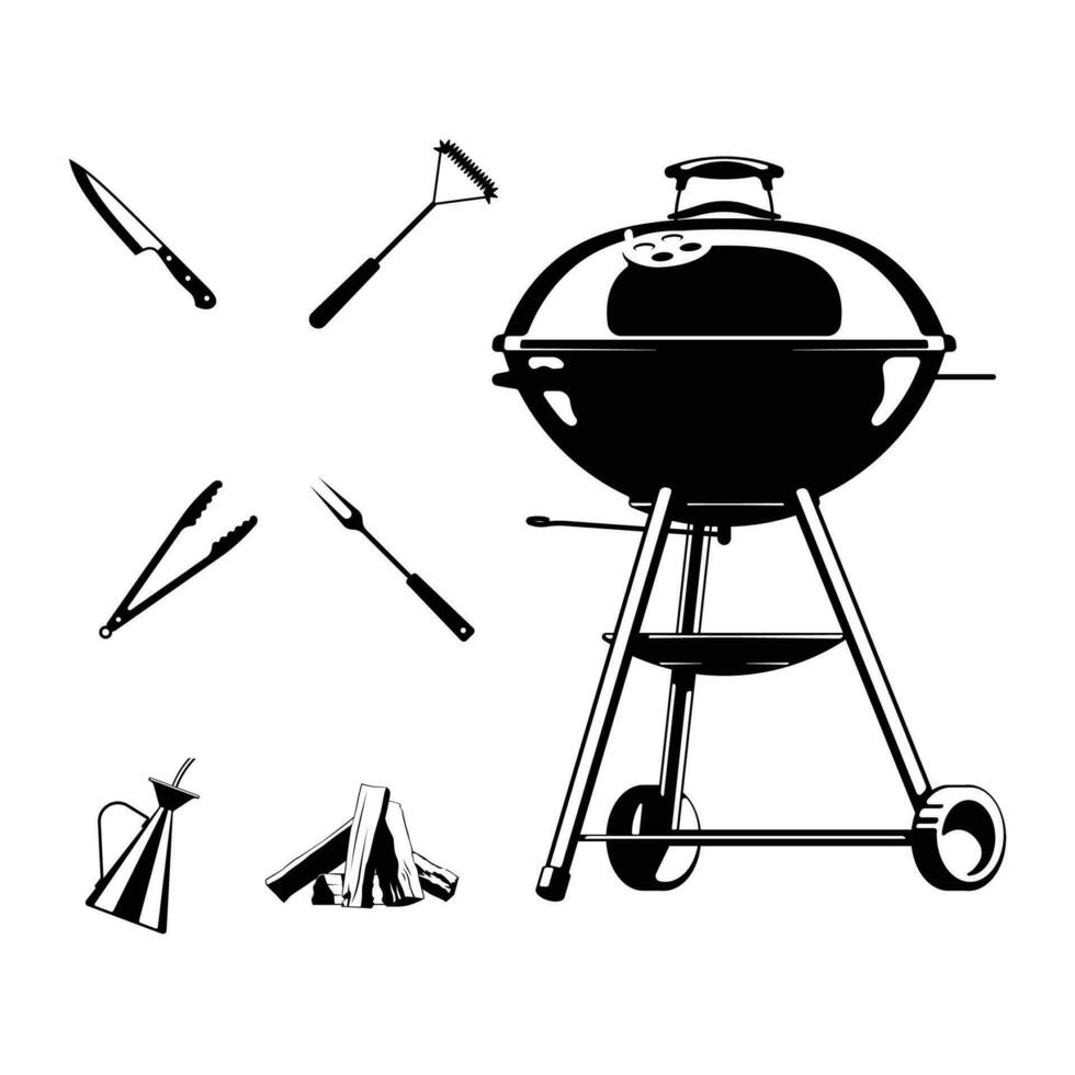 Set of BBQ grill icons and design elements in vintage monochrome style. Design element for poster, card, banner, logo. BBQ Vector illustration