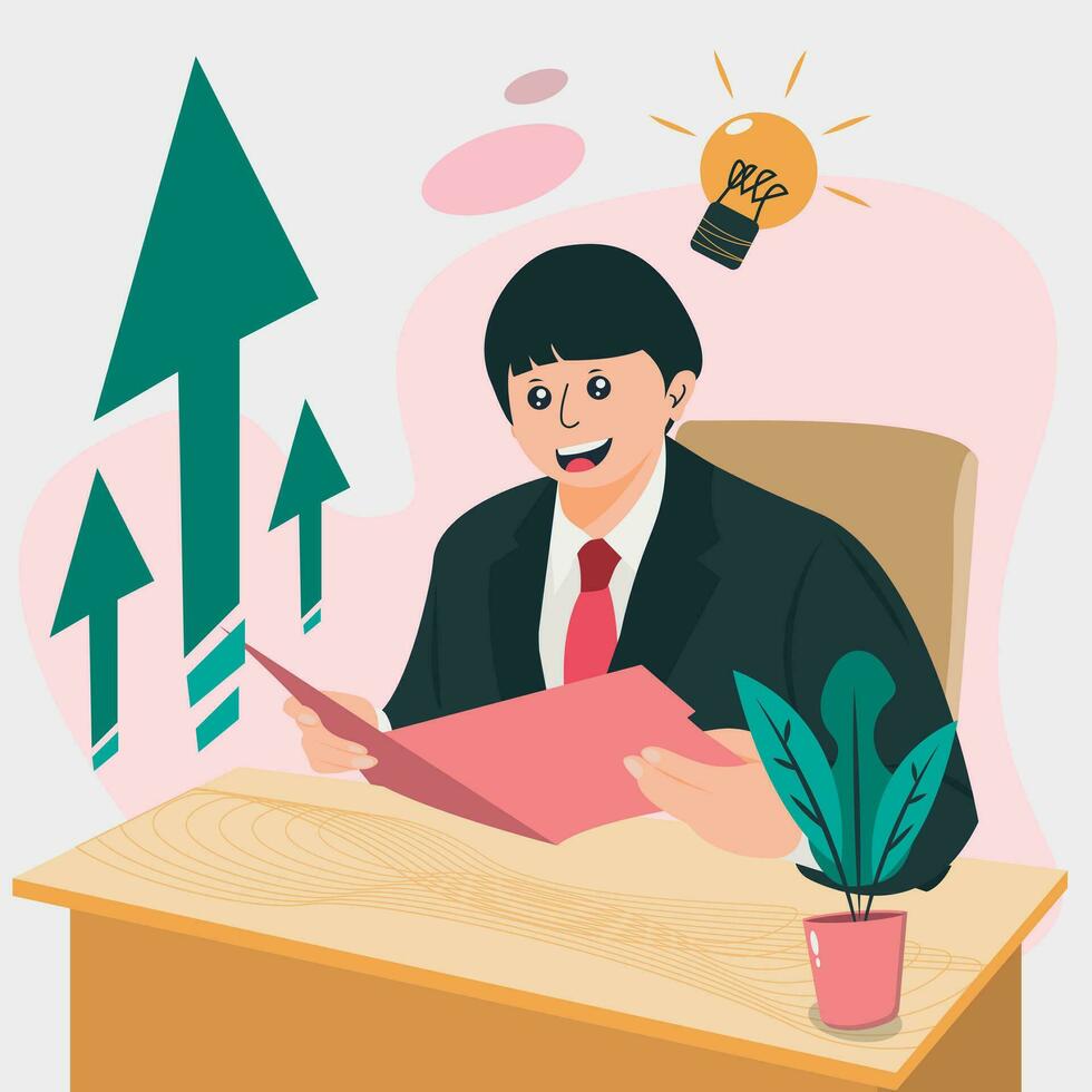 Businessman sitting at the desk and reading document. Vector illustration in cartoon style.