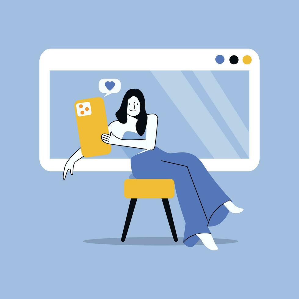 Woman sitting on chair and watching movie on tv. Flat style vector illustration.