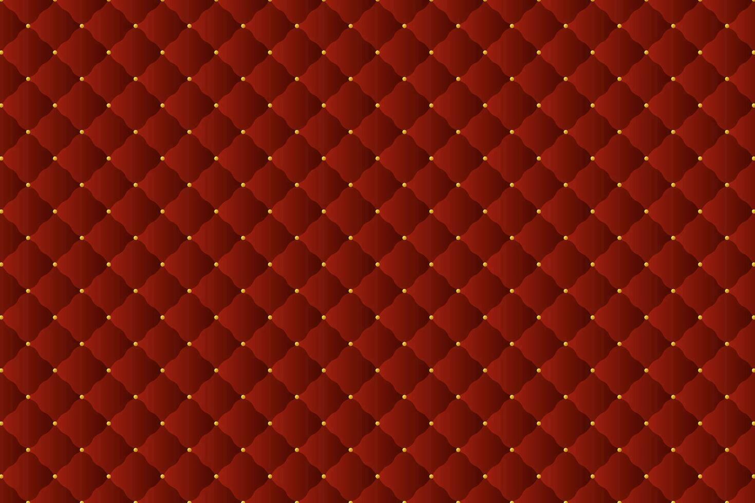Luxury red velvet upholstery leather texture with golden beads vector background. Capitone tufted fabric upholstery texture with gold beads. Vector illustration.