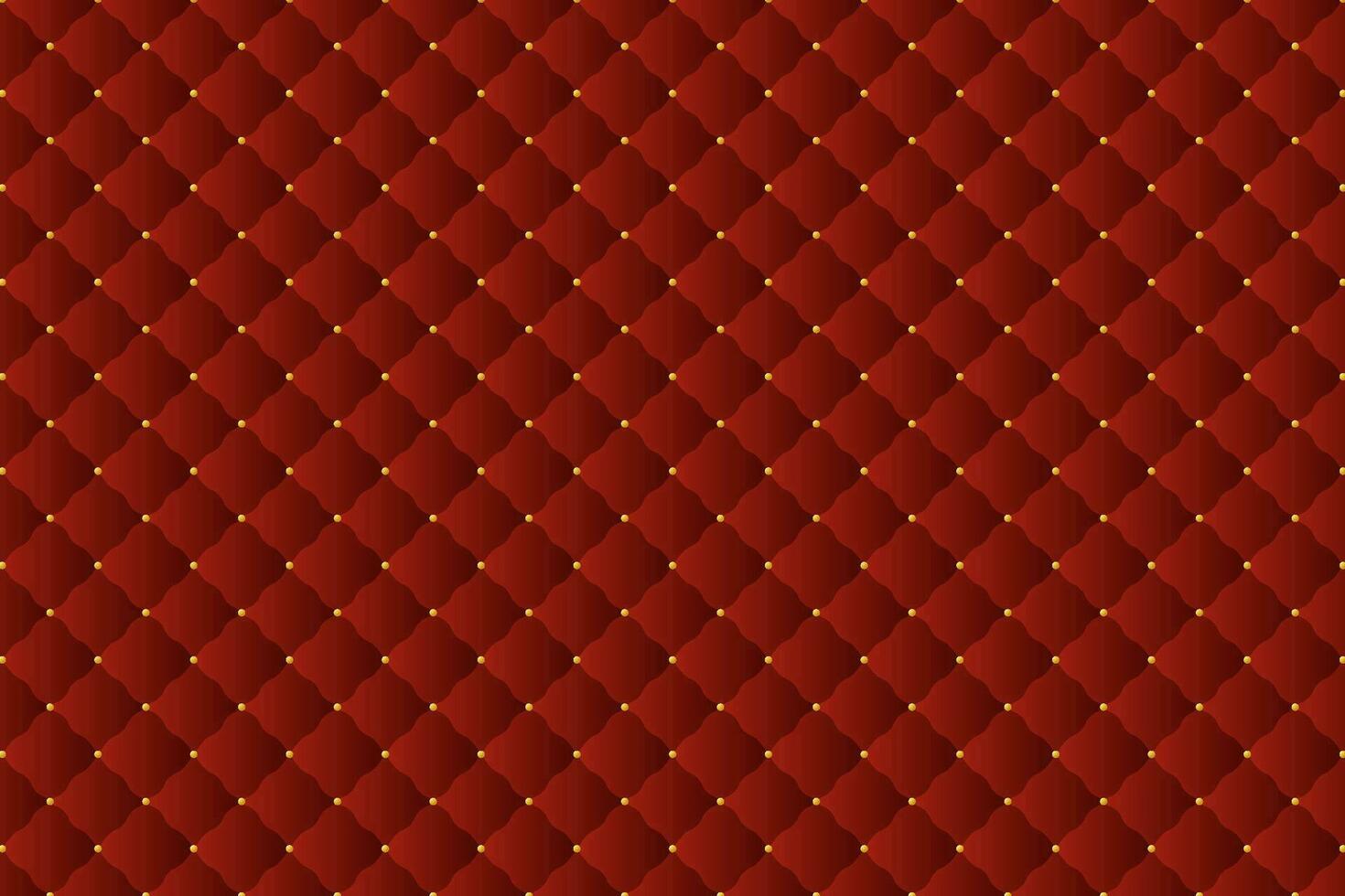 Luxury red velvet upholstery leather texture with golden beads vector background. Capitone tufted fabric upholstery texture with gold beads. Vector illustration.