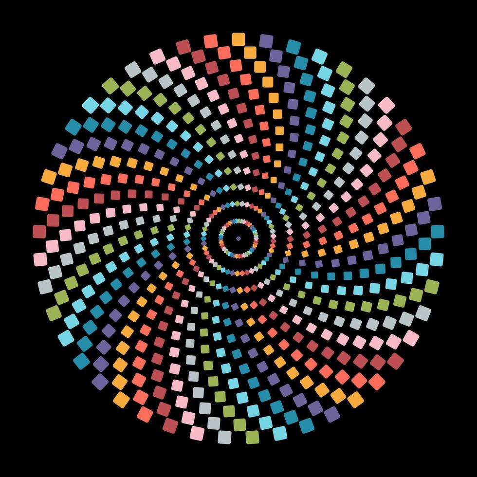 Colorful mosaic square spiral vortex circle isolated on black background. Orange,pink,blue,green, and pink squarish circular swirl pattern vector illustration.