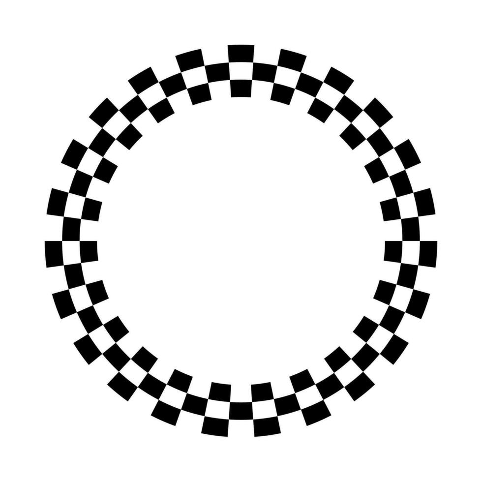 Black and white checkered circle frame isolated on white background. Checkerboard spiral pattern with alternating squares. vector