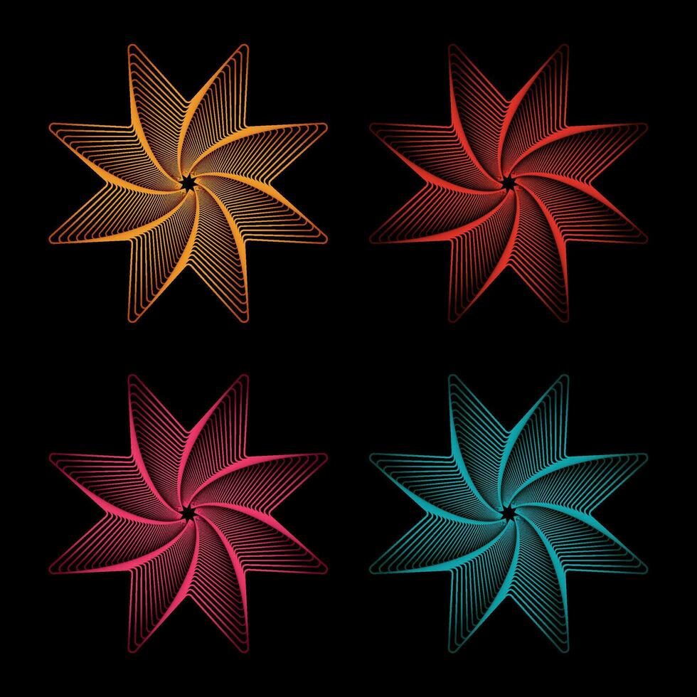 conjunto de naranja, rojo, rosa y cian estrella espirógrafo logos aislado en negro antecedentes. espirógrafos estrella de mar gira con alas vector ilustración.