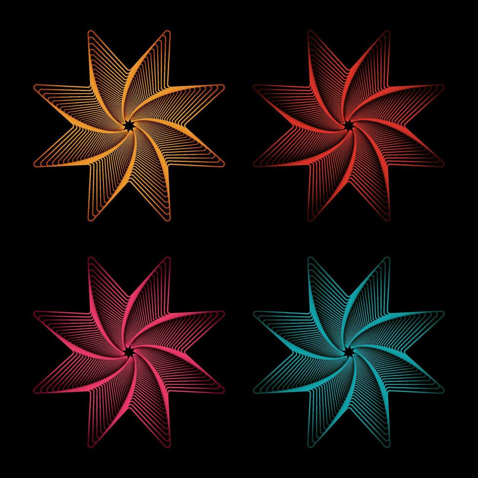 Set of orange,red,pink and cyan star spirograph logos isolated on black background.  Spirographs starfish rotates winged vector illustration.