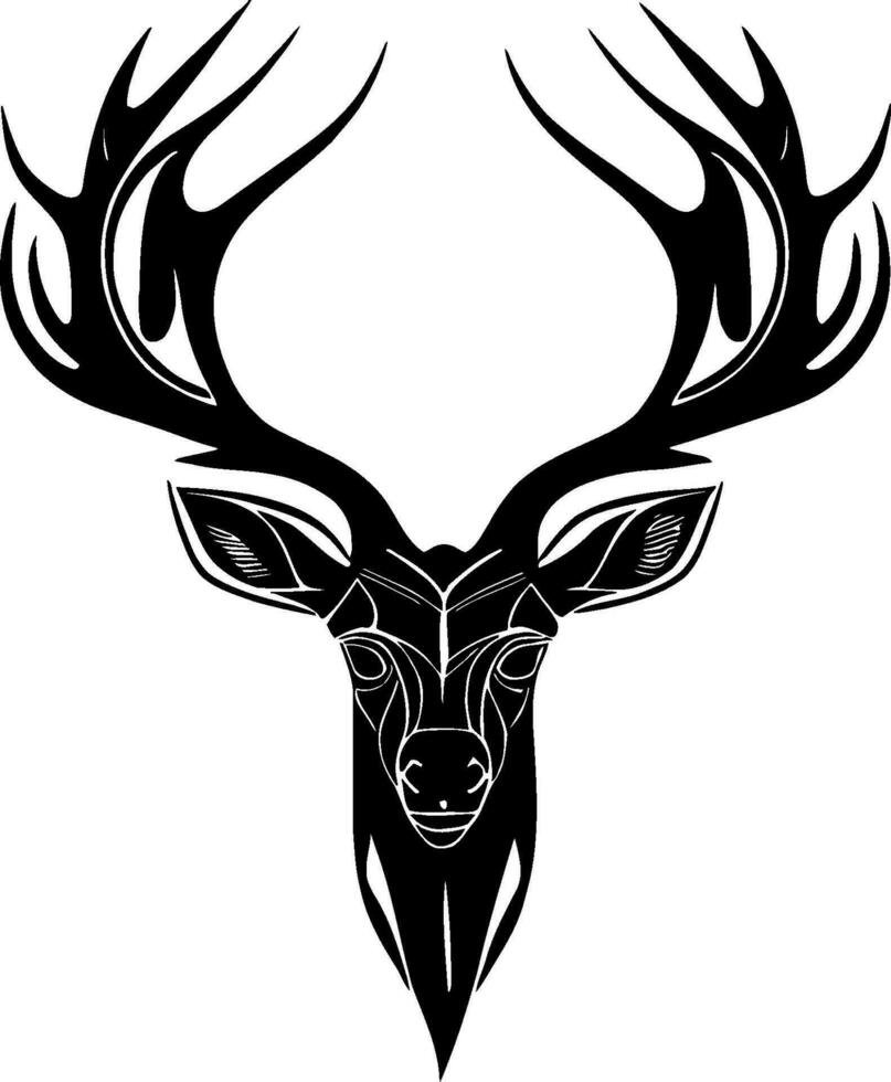 negro ciervo cabeza con cornamenta logo aislado en blanco antecedentes. ciervo animal tatuaje silueta. vector