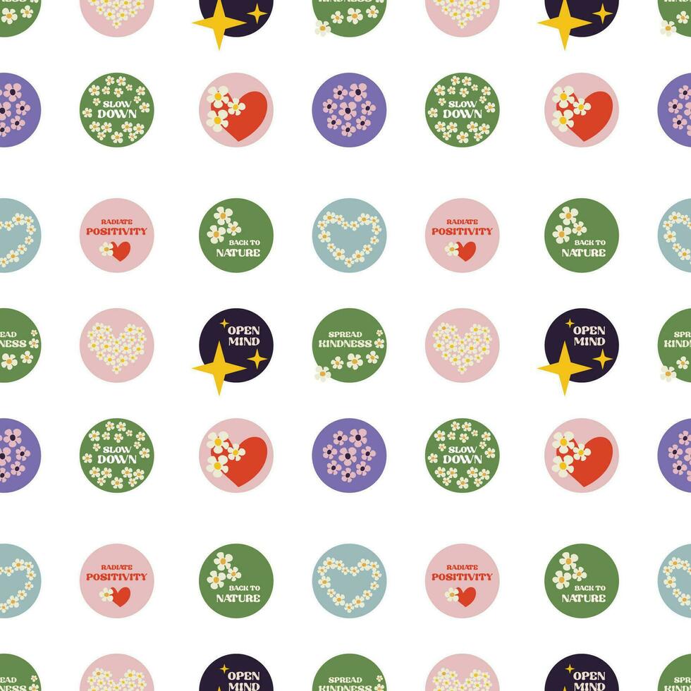 Seamless pattern with circle illustration positive stickers in groovy style on white background vector