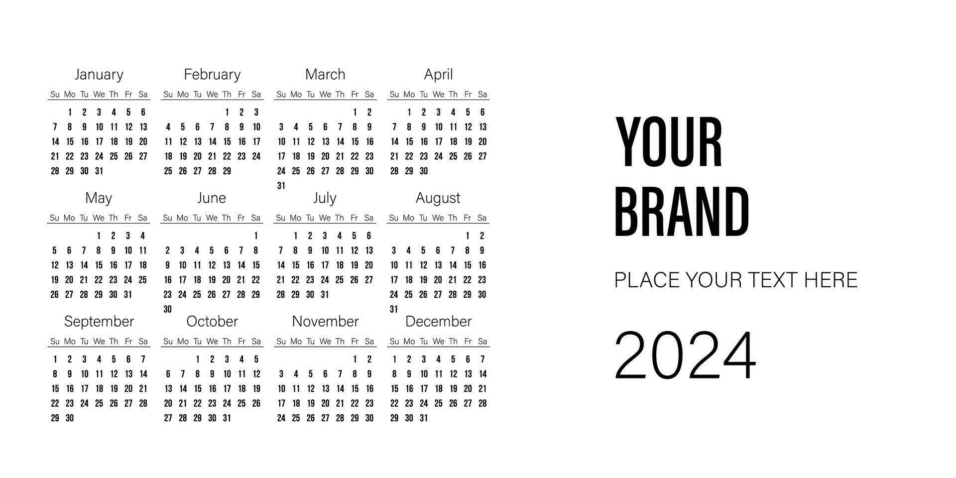 Horizontal Calendar 2024 template design on white background for your