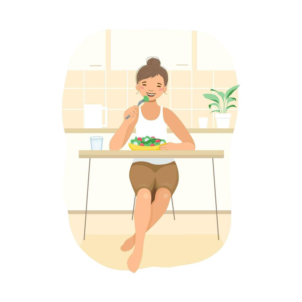 Happy woman in the kitchen eating salad, healthy lifestyle vector