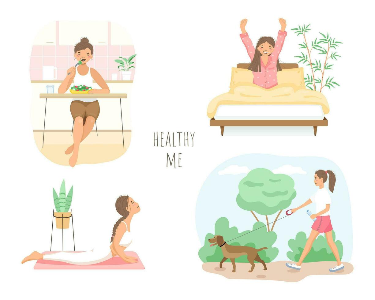 A set of images of subjects that ensure a woman's health. A woman eating healthy food. A woman walking in the fresh air. A woman practicing yoga.  The woman has a good night's sleep. vector