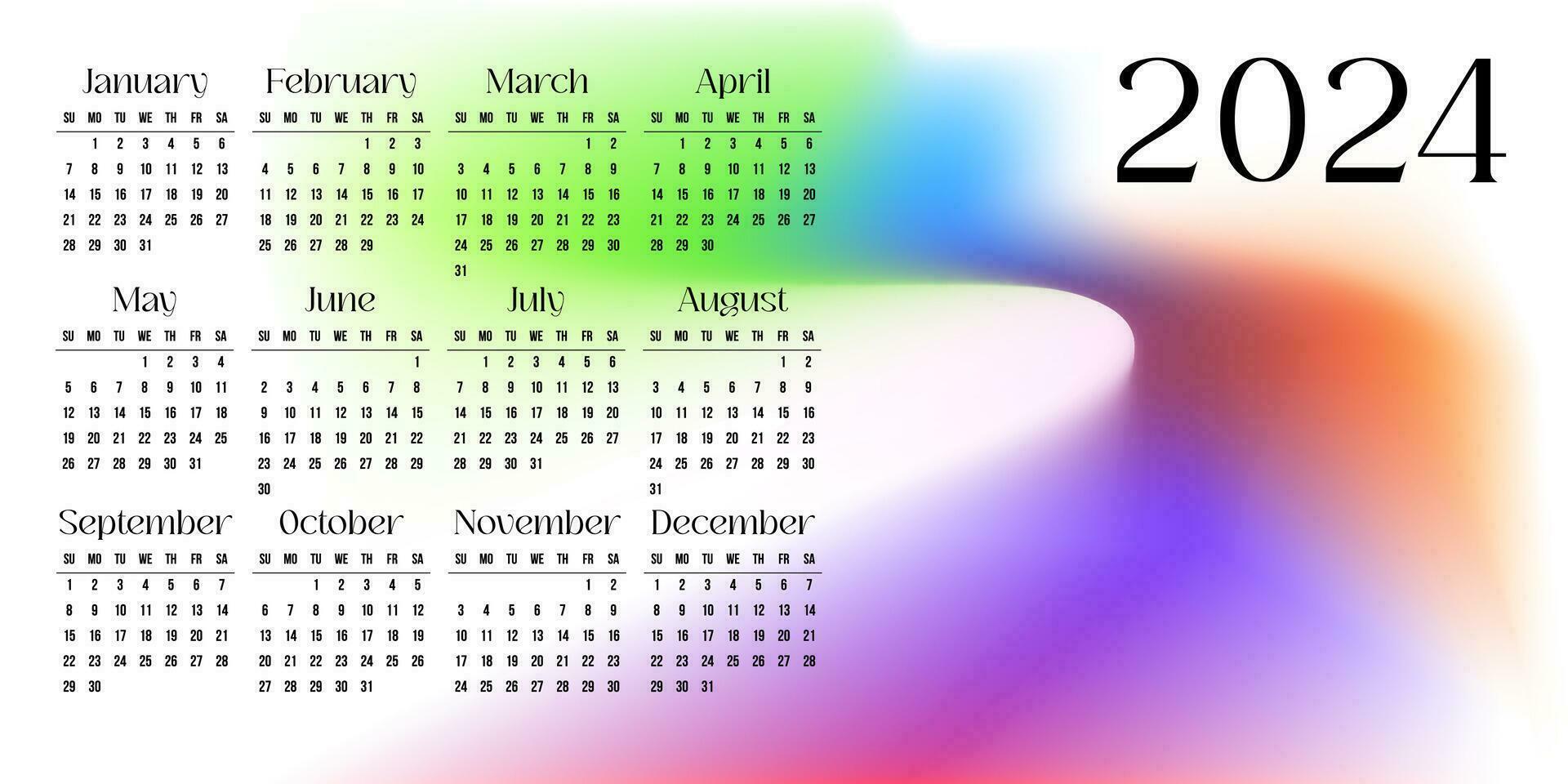 calendario 2024 en resumen antecedentes ligero diseño con multicolor degradado arco iris color forma en blanco vector