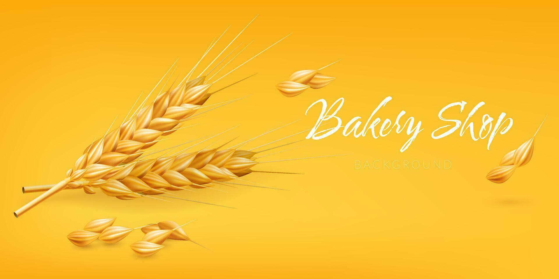 Realistic 3D illustration of a golden ear of wheat on a yellow background with seed. Perfect for bakery shops, agriculture related designs. Represents autumn harvest, natural ingredients, healthy food vector