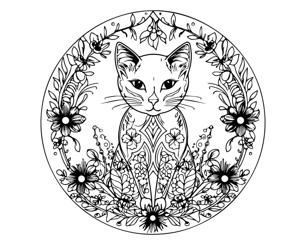 Line art cat with flower coloring page design photo