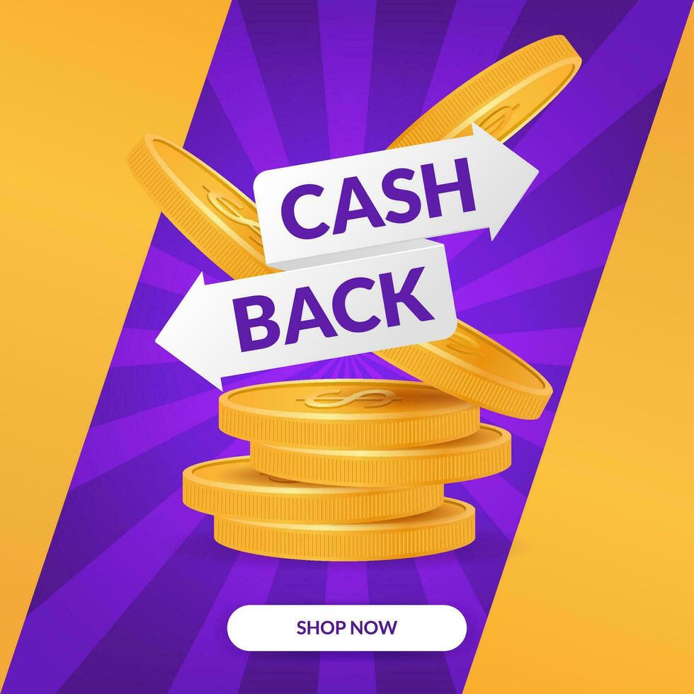 3D vector image with a pile of golden coins, representing cashback promotions and discounts. Perfect for advertising, banners, and marketing materials. Illustration of a cashback concept