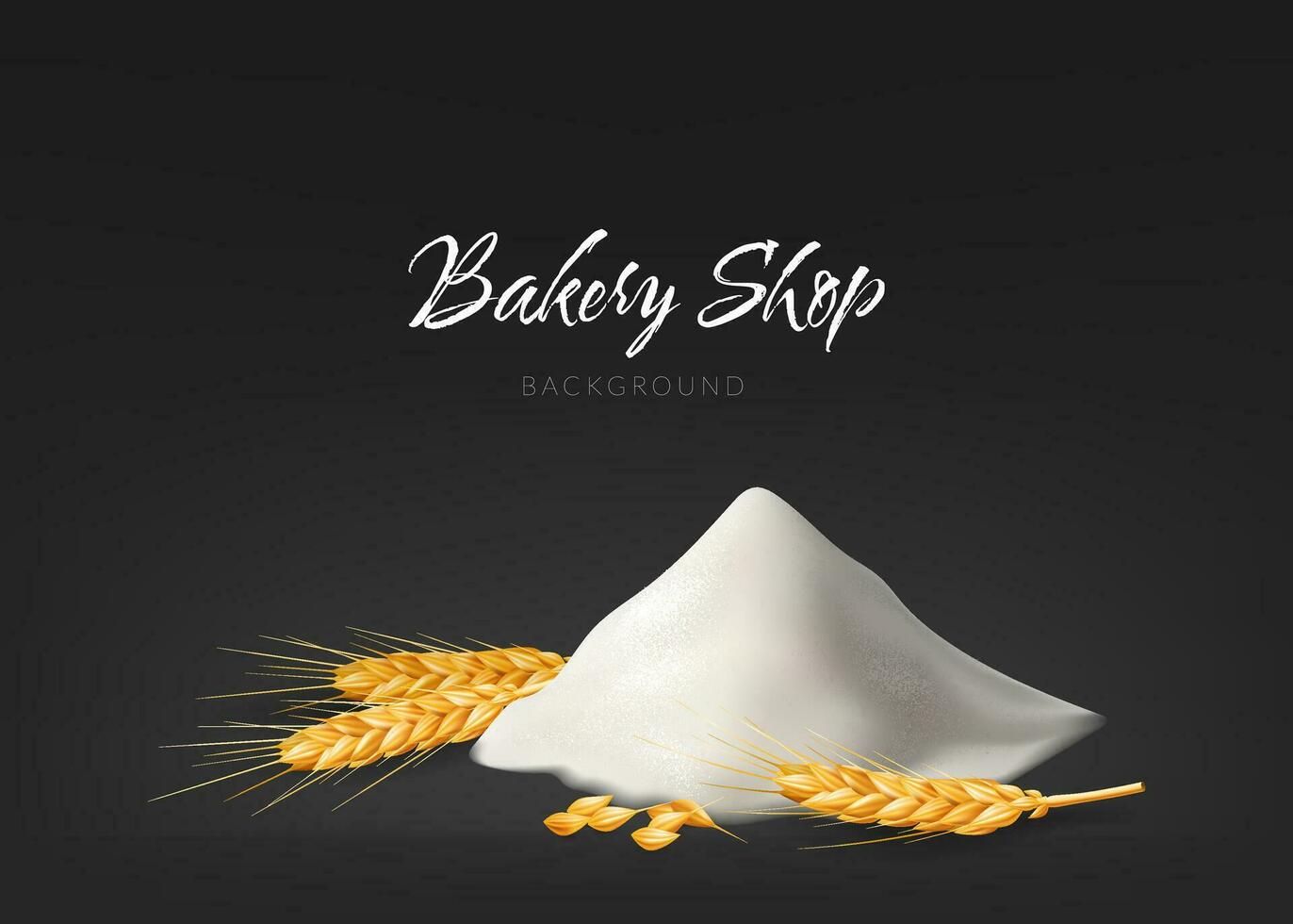 Realistic 3D vector illustration of a hill of flour with golden wheat spikes and rye, perfect for bread making and bakery designs. Great for natural and cooking themes, as well as food and nourishment