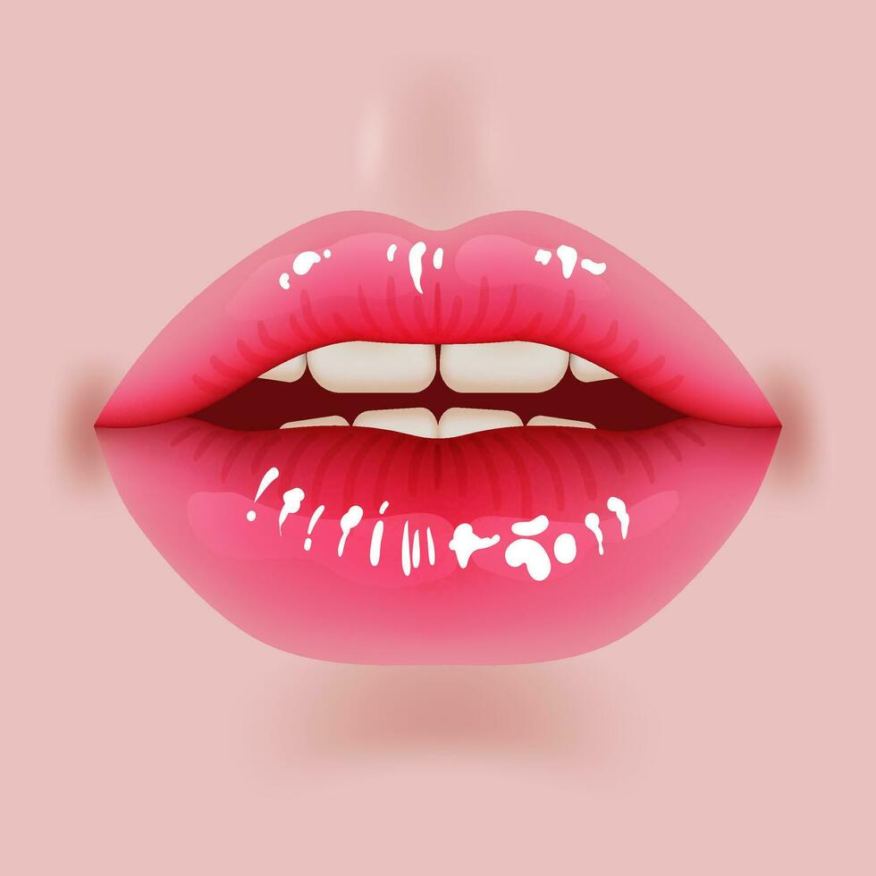 Beautiful 3D illustration of realistic lips with glossy red lipstick. Cute and glamorous female mouth, symbolizing beauty and sensuality. For cosmetic, fashion, and romantic vector