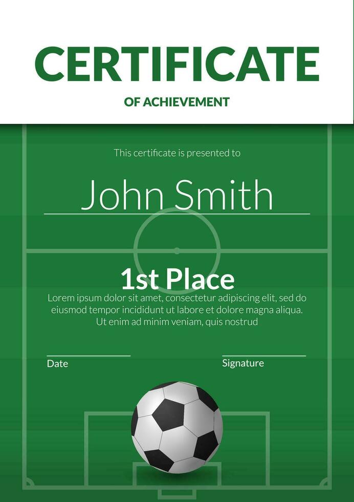 A 3D football ball vector illustration on a green field with on a certificate template. Celebrate success and achievement in soccer. Diploma perfect for awarding athletes and teams