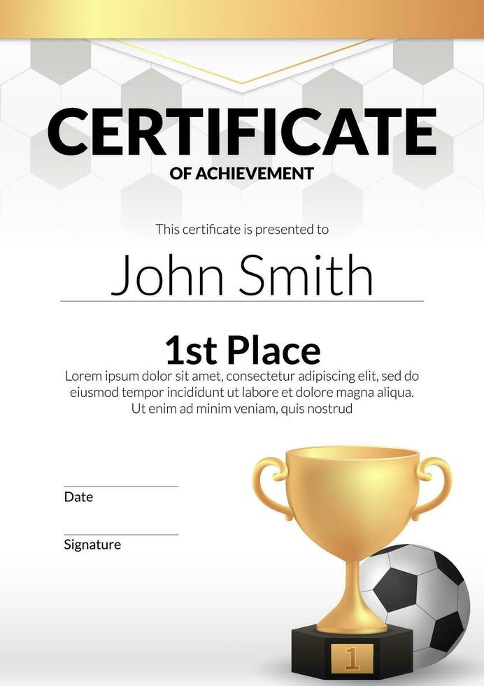 A vector illustration of a football certificate template with a golden trophy. Perfect for recognizing success, first place achievement, and appreciation in football. Ideal for award ceremonies