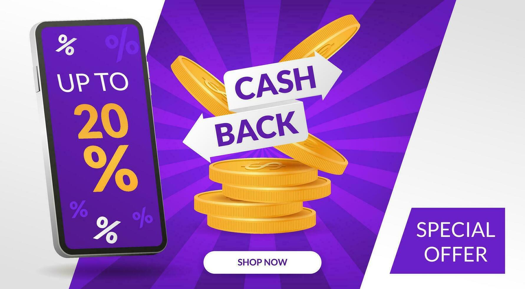 Cashback concept with a pile of gold coins. Perfect for banners, apps, and online businesses. Illustration of a mobile phone symbolizing convenient cashback transactions and financial rewards vector