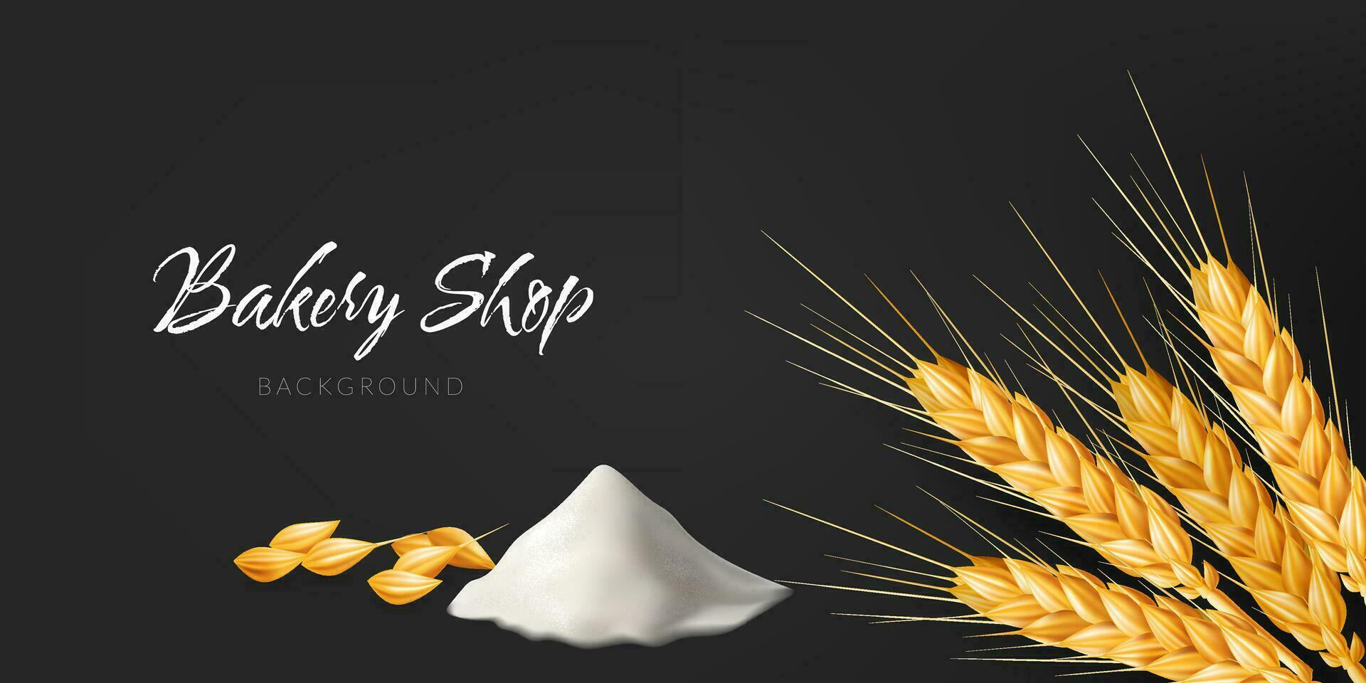 Realistic 3D vector illustration of a hill of flour with golden wheat spikes and rye seeds, For food and seasoning designs. Great for natural and rural themes, as well as baking and condiment design