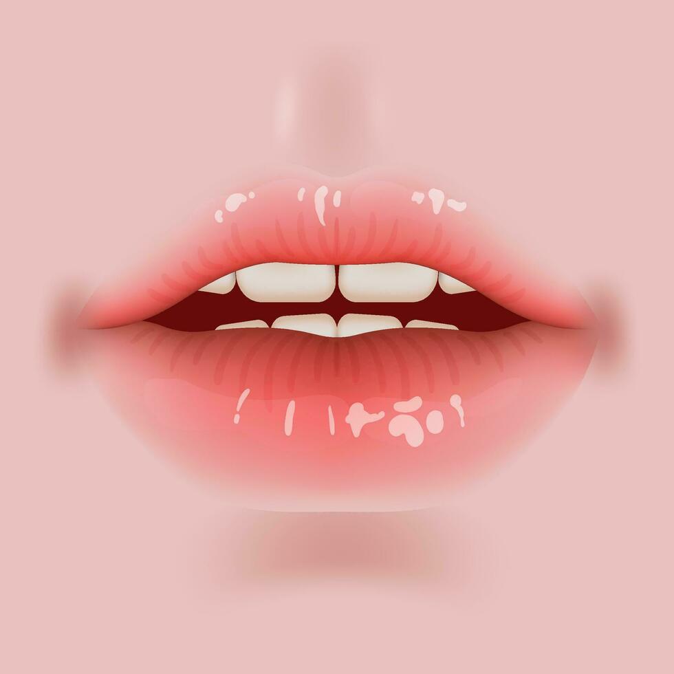 hermosa vector ilustración de realista labios en vibrante colores. Perfecto para belleza, constituir, y Moda conceptos. lustroso y atractivo mirar. 3d realista labios en rosado y rojo. coreano maquillaje