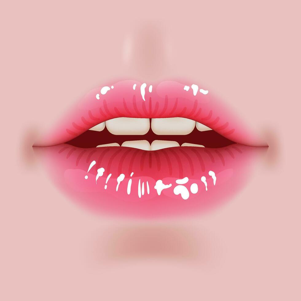 Beautiful illustration of realistic lips in vibrant colors. Perfect for beauty, makeup, and fashion concepts. Glossy and glamorous look. 3D realistic lips in pink, red tint with teeth. Korean makeup vector
