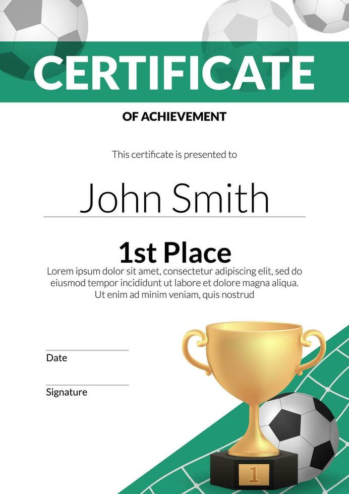 Vector illustration of a football golden cup trophy on a certificate template, representing achievement and recognition. Diploma for sports championships, graduation events, and award ceremonies