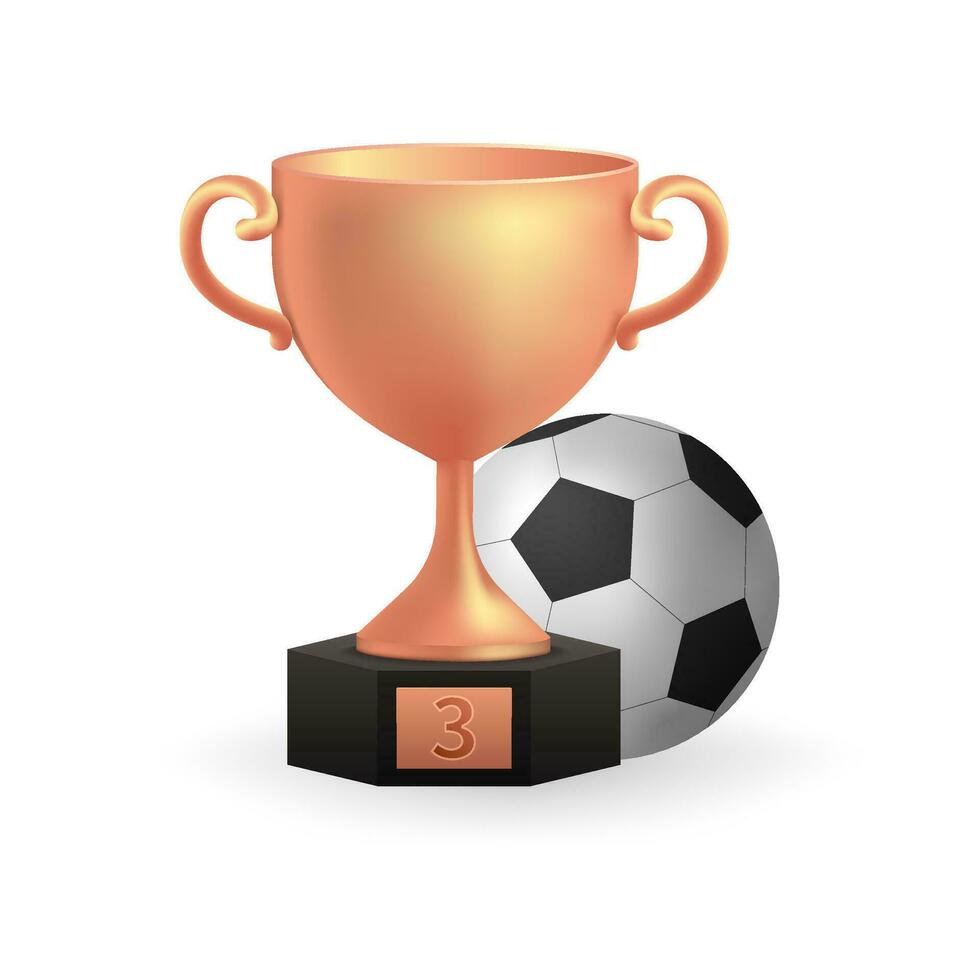 Realistic 3D of a shiny bronze trophy with football ball, symbolizing third place achievement. Perfect for sports illustrations, game design, and championship celebrations. vector