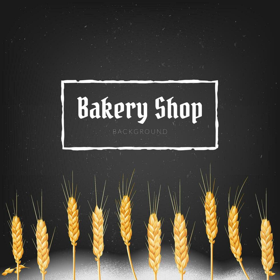 Realistic 3D vector illustration of golden wheat spikes and rye, perfect for traditional festivals and bread making designs. Spilled flour all over the surface. Bakery shop banner