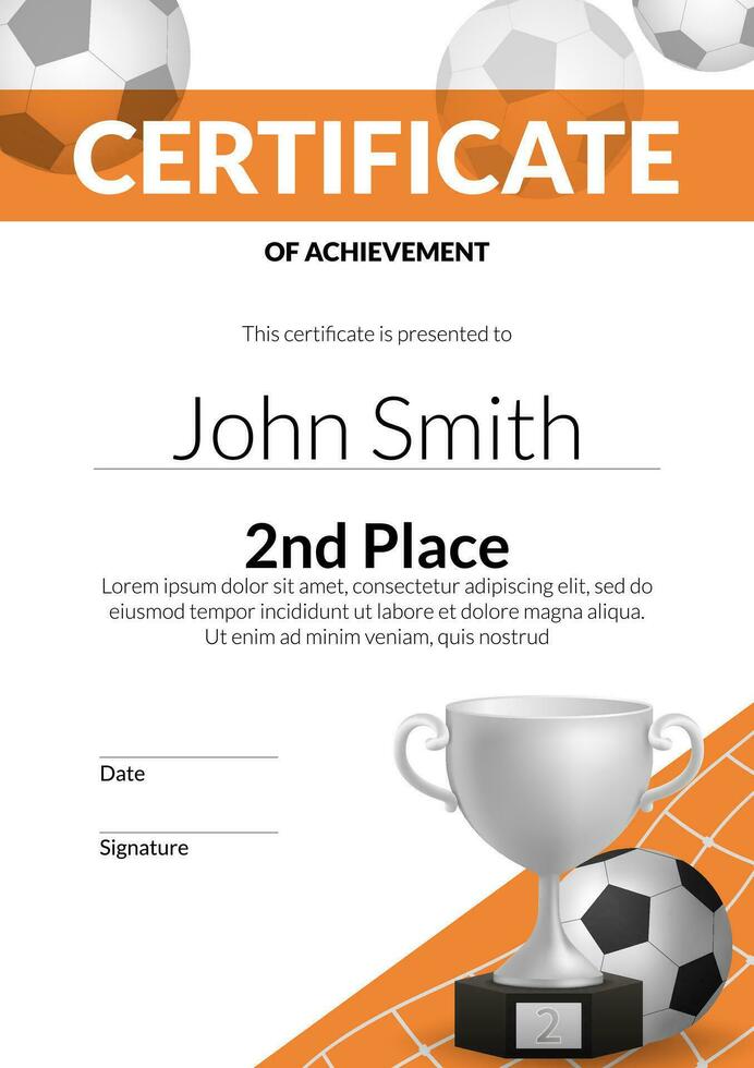 Vector illustration of football golden cup, certificate background in modern design as prize for 2nd place achievement in sports tournament, diploma signifying player's success and appreciation