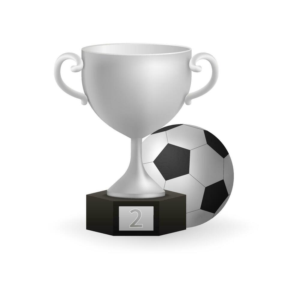 Realistic 3D of a shiny silver trophy on a black pedestal, with football ball symbolizing second place achievement. Perfect for sports illustrations, game design, and championship celebrations. vector