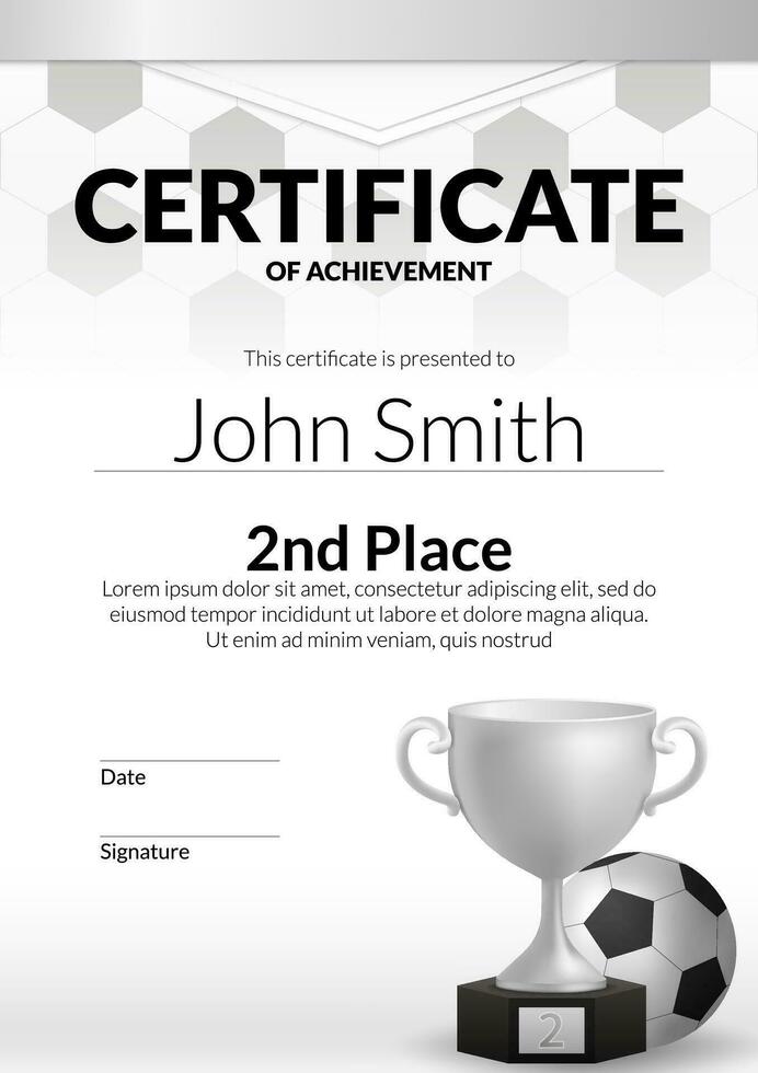 A vector illustration of a football certificate template with a silver trophy. Perfect for recognizing success, second place achievement, and appreciation in football. Ideal for award ceremonies