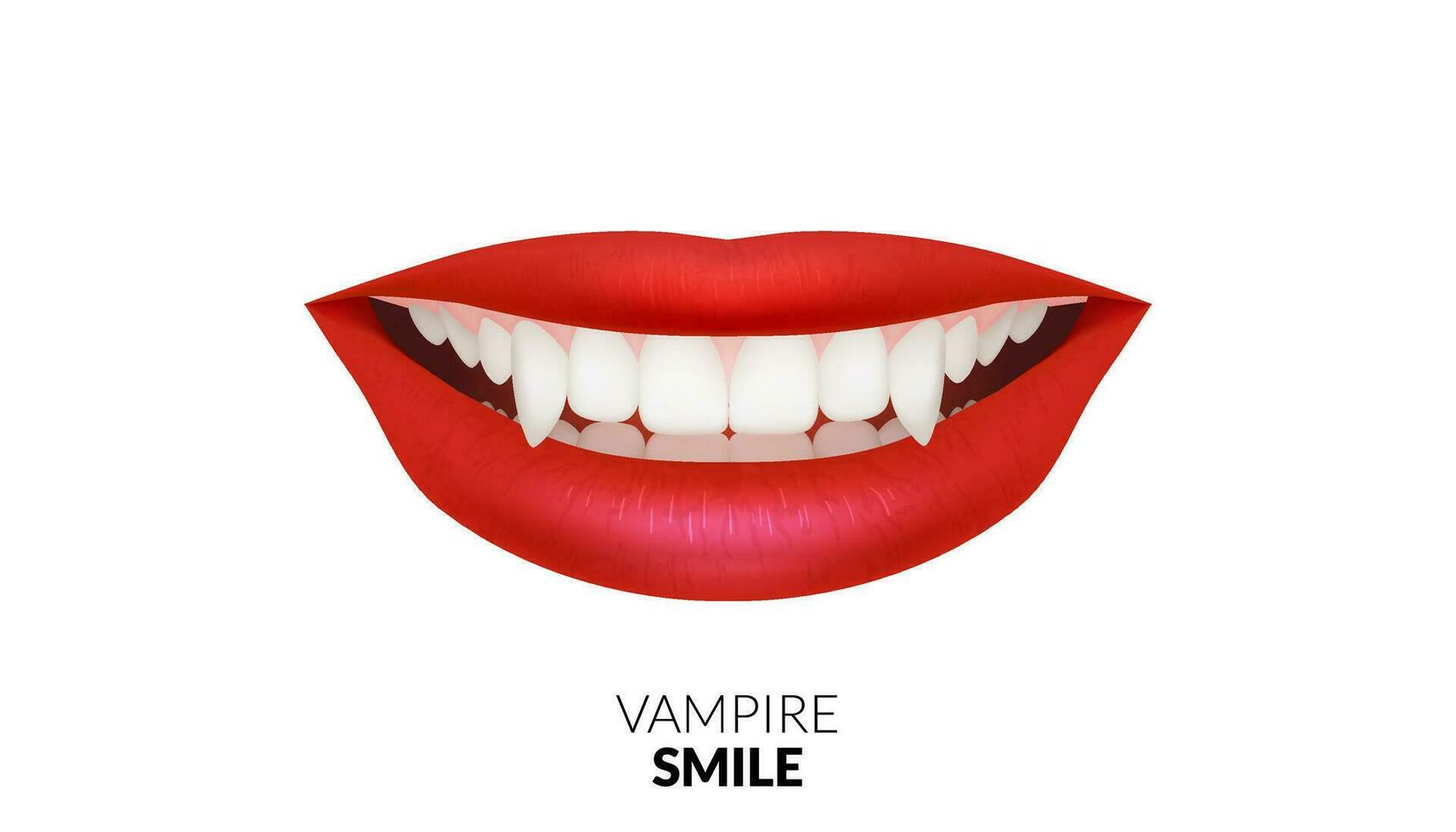 3D illustration featuring realistic red lips with vampire fangs and a captivating smile. Spooky beauty and horror elements, perfect for Halloween. Female vampire with sharp fangs and blood red lips vector