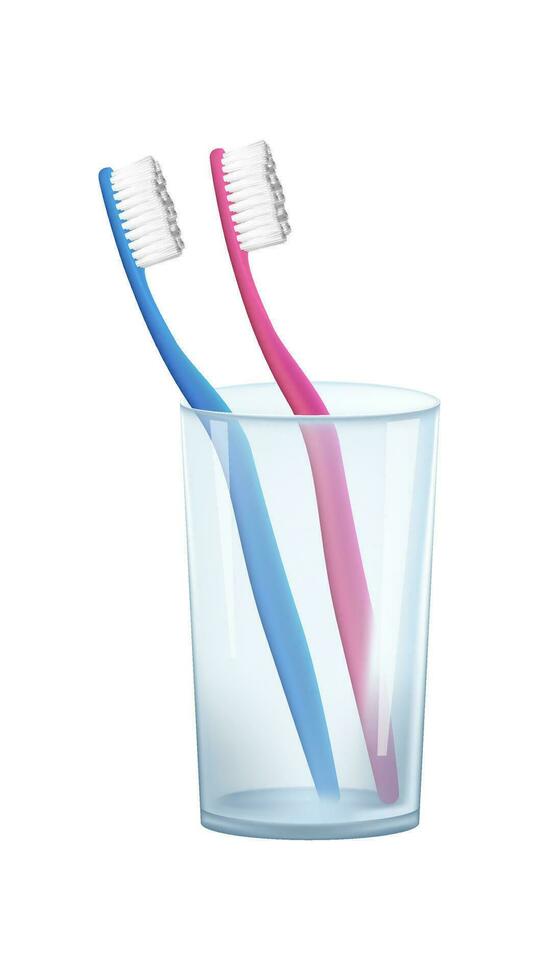 un realista 3d vector imagen presentando un par de cepillos de dientes en un vaso taza. conjunto en contra un blanco fondo, esta dental higiene concepto promueve limpiar y sano dientes. ideal para dental cuidado