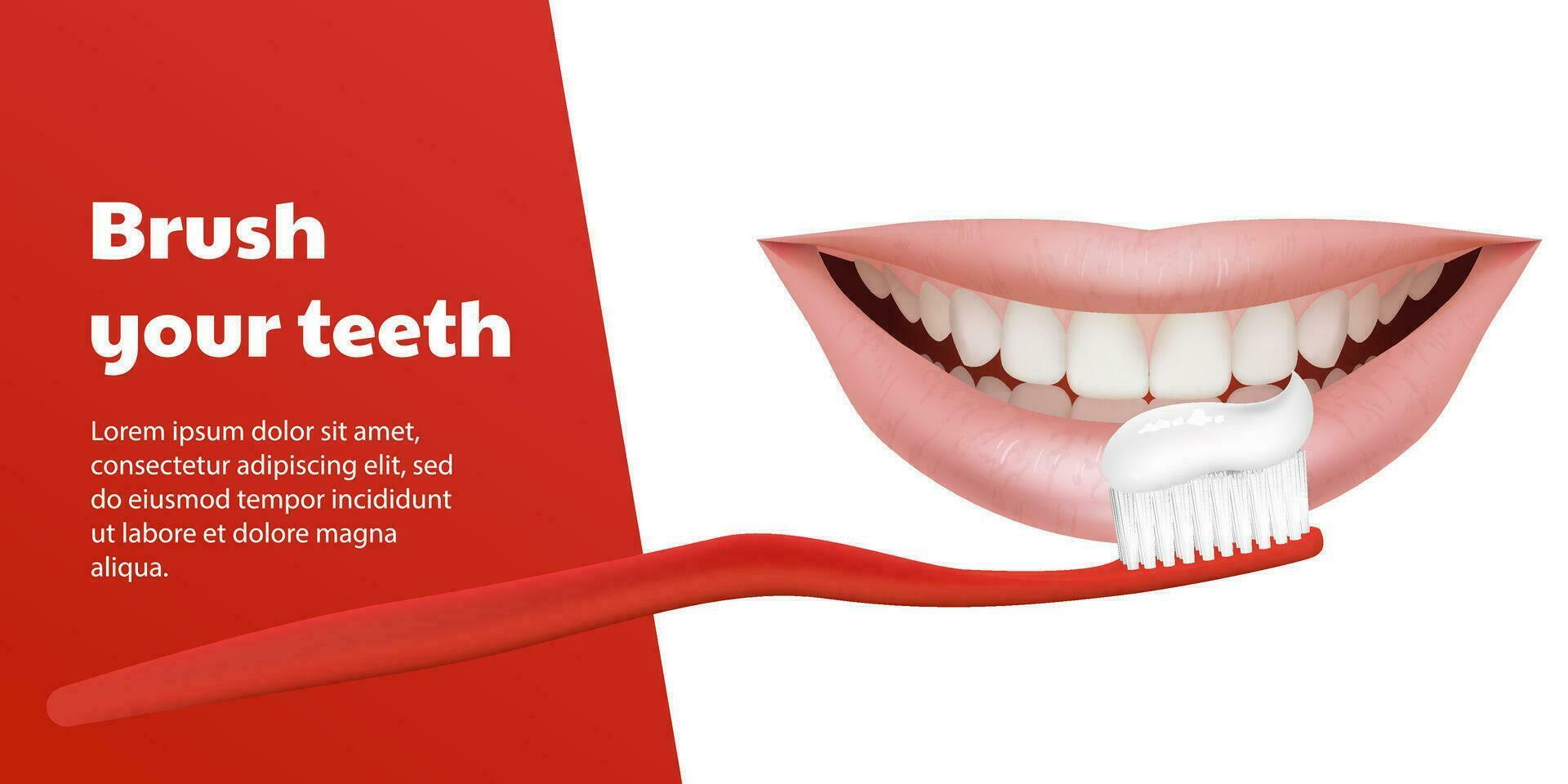 3D vector banner featuring a red toothbrush brushing realistic teeth with a beautiful smile. For dental equipment or whitening treatment. Toothpaste promotion, protection and enamel whitening