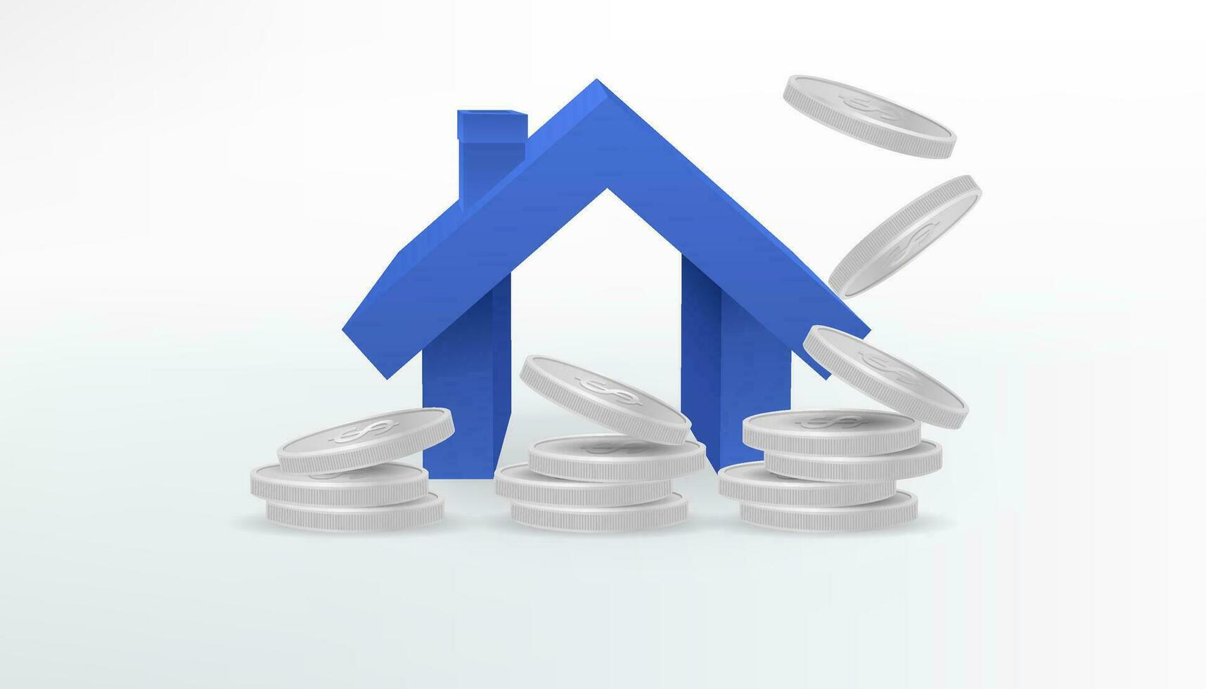 Realistic 3D vector image of a blue little house model with a piles of silver metal coins. Money falling. Growth of the financial wealth. Perfect for real estate, property, and investment