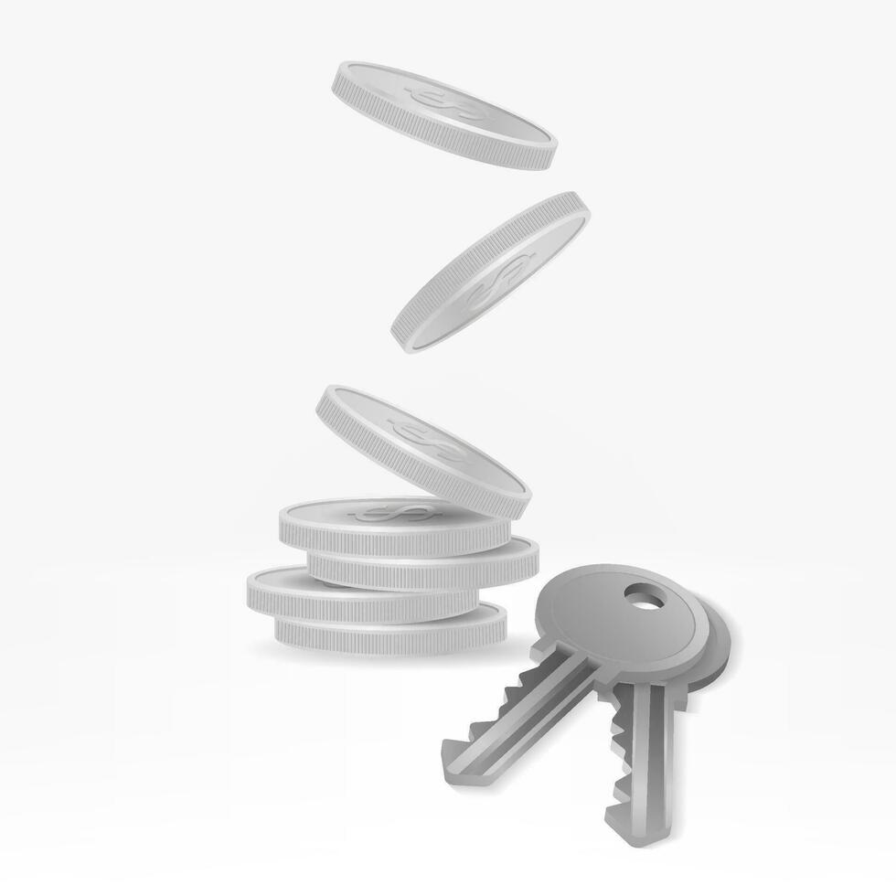 Realistic 3D vector image of a pile of silver coins with a house key in front. Perfect for real estate, property, and investment projects. Includes concepts of wealth, stability, and financial success